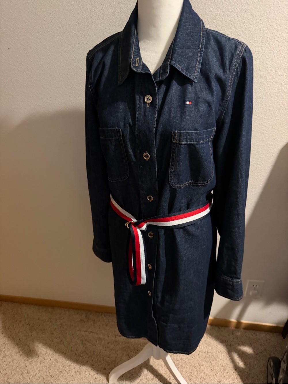 Tommy Hilfiger Dark Blue Denim Midi Shirt Dress with Red-White-Blue Belt
